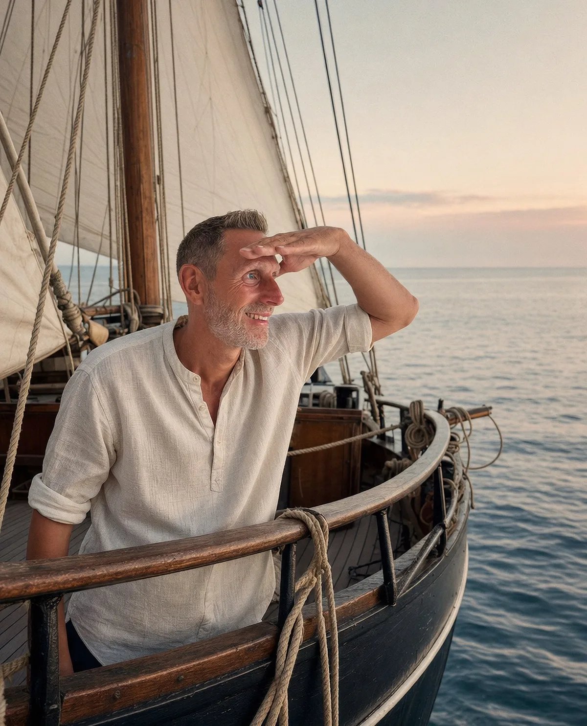 Patrick hält als Ausguck die Hand an die Stirn und blickt vom Bug eines Segelschiffs in die Ferne