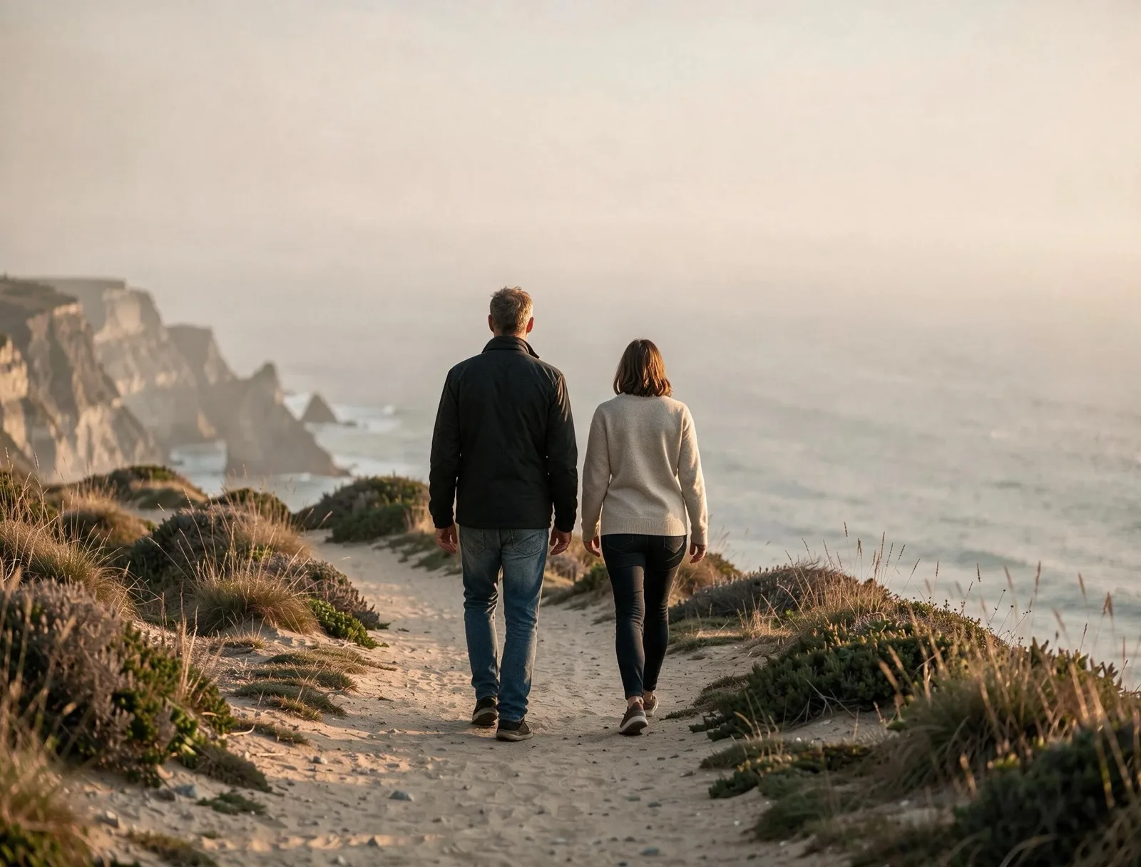 Zwei Menschen gehen gemeinsam einen Küstenpfad entlang, im Hintergrund das Meer im Abendlicht
